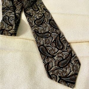 LANVIN Tie, Paisley Silk Black with Gold Tie, Made in Italy Authentic Vintage
